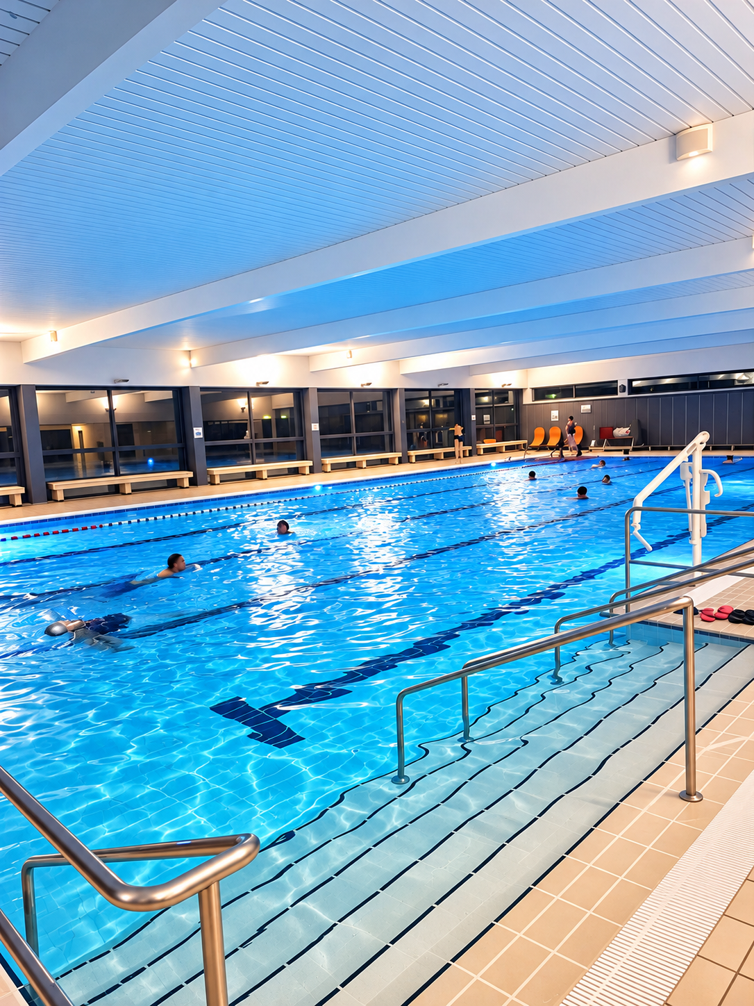Badegäste im beleuchteten 25-Meter-Becken des Hallenbades Gedern