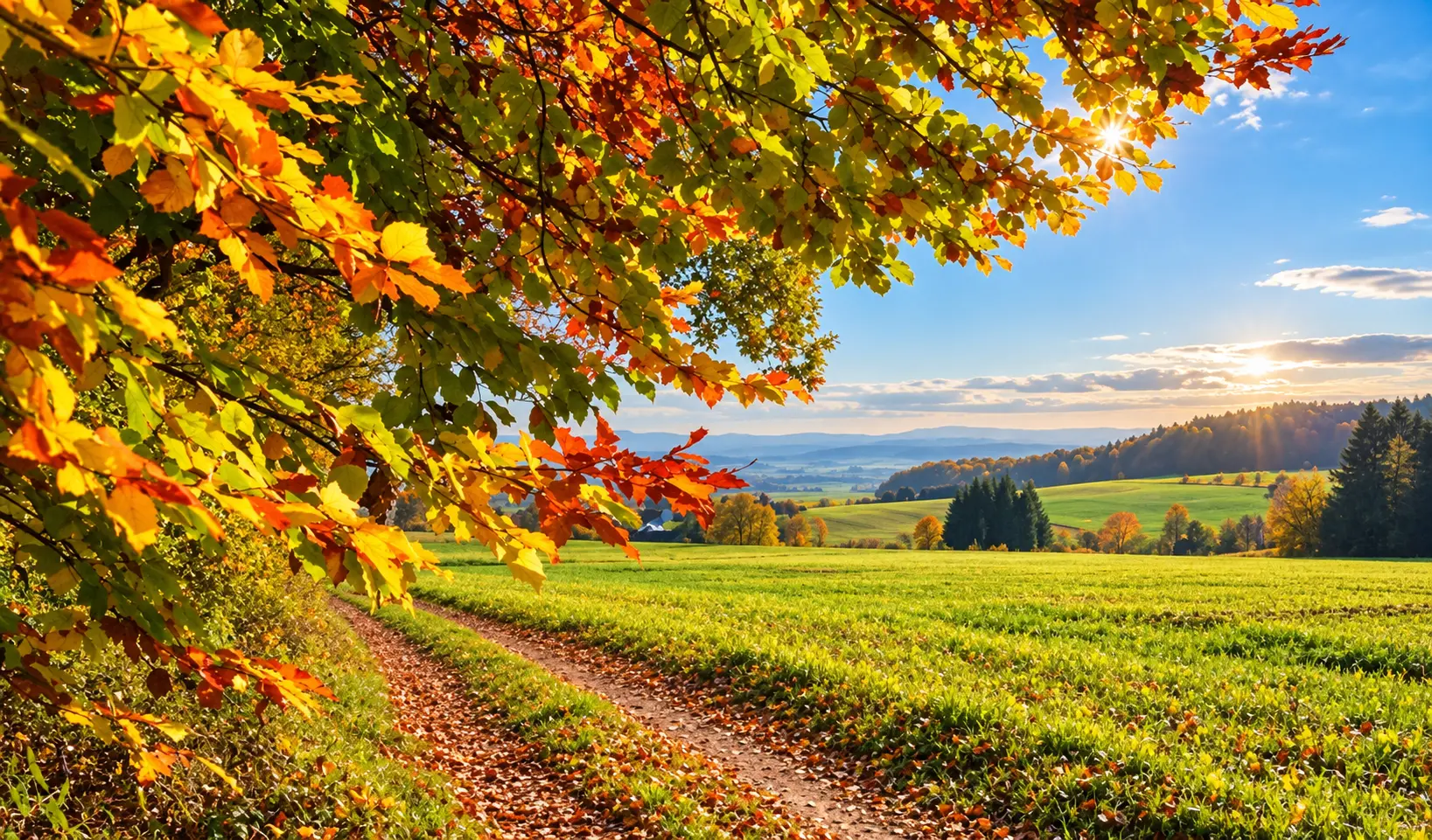 Herbstlaub über einem Feldweg mit Blick auf eine hügelige Landschaft